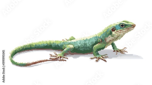 Green Lizard Reptile Pixel Art Illustration on White Background Isolated