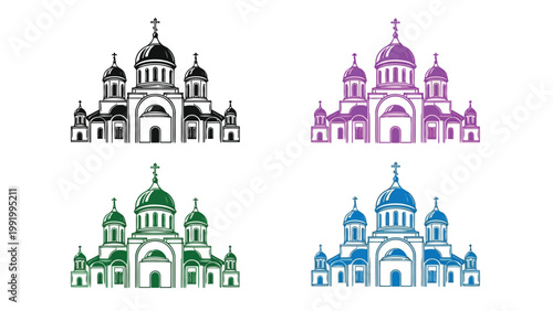 Four stylized illustrations of orthodox churches with distinct color schemes