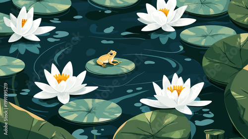 A serene pond with white water lilies, lily pads, and a small frog. Calm, natural scene