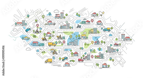 Illustrated map showing various landmarks and activities in a city layout.