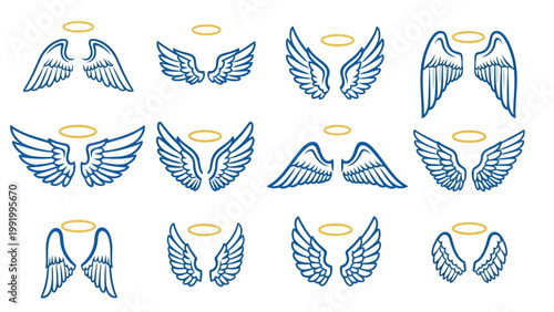 Collection of stylized angel wings in various orientations and designs