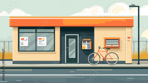Colorful illustration of a building with an orange awning, door, windows, and a bicycle