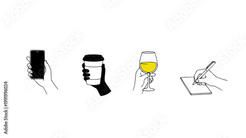 Minimal drink icons with glasses, cups, and beverages.