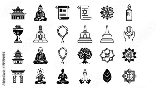 Diverse symbols representing various world religions and philosophies in black and white icons