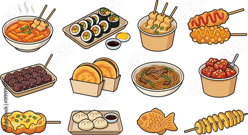 Asian street food vector illustration set with ramen sushi dumplings skewers noodles snacks and traditional fast food elements isolated on white background