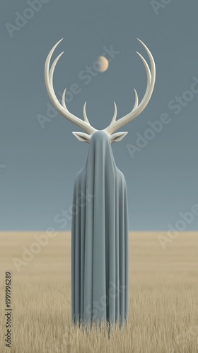 Surreal Cloaked Figure with Large Antlers Standing in a Golden Field Under a Crescent Moon