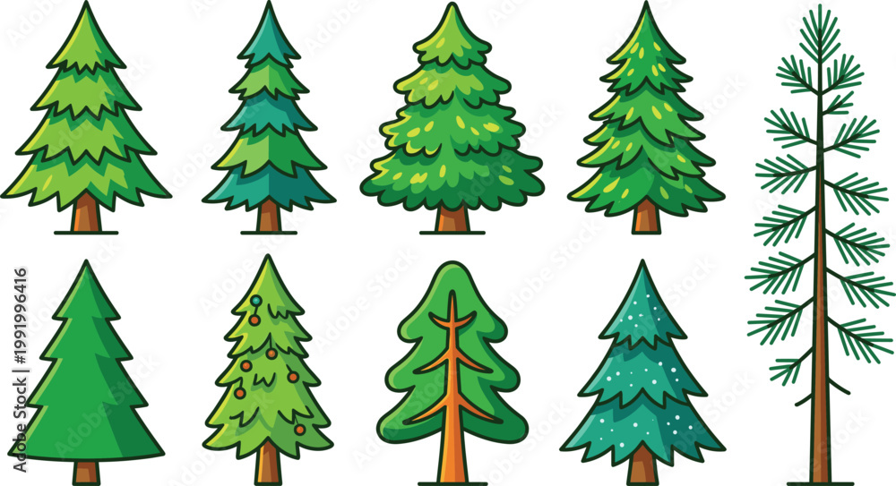 Fototapeta premium Christmas pine tree cartoon vector collection with fir, spruce and evergreen trees, festive winter illustration set for holiday decoration design