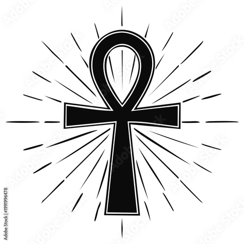 Egyptian Ankh Symbol in Black with Rays of Light, Key of Life Emblem