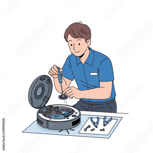 Man repairing robot vacuum cleaner, close-up of electronic components, tools nearby