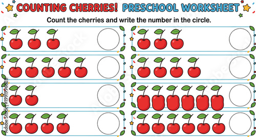 Counting cherries preschool worksheet vector with cute fruit illustrations educational math activity for kids counting practice and number writing exercise printable design