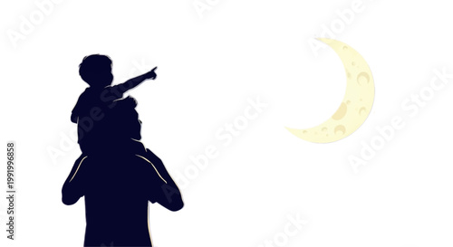 Father and child silhouettes, pointing at moon, night sky, family moment, love and guidance