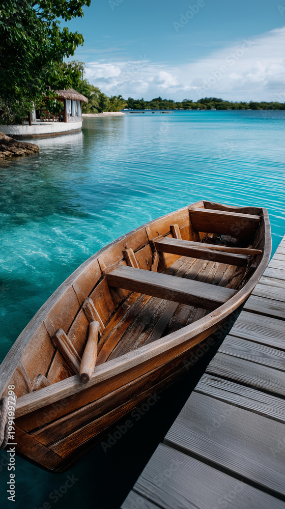 Fototapeta premium A small wooden boat tied to a dock on a calm turquoise lagoon, no people, wooden boat, tropical lagoon, calm water, scenic travel, getaway, vacation, lakeside, nature travel, tranquil, with copy