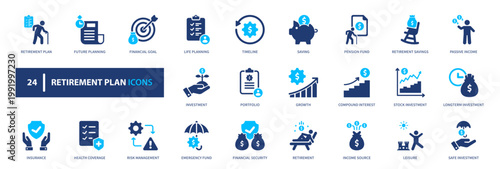Retirement plan icon set. solid style icon collection.