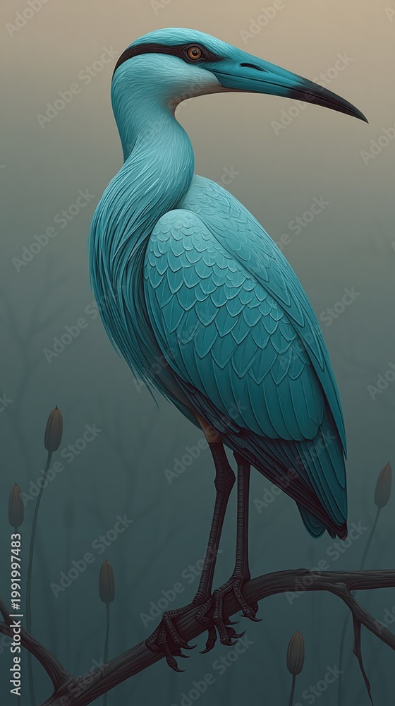 Fototapeta premium Artistic Illustration of a Turquoise Heron Standing Gracefully on a Branch in the Fog.