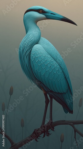 Artistic Illustration of a Turquoise Heron Standing Gracefully on a Branch in the Fog.