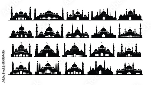 Silhouettes of iconic mosques from around the world arranged in a grid pattern