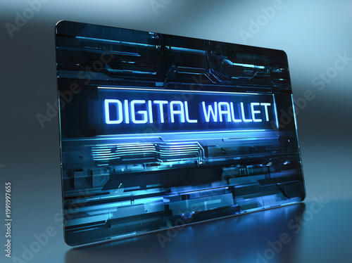 the words DIGITAL WALLET floating on a credit card in a hightech futuristic style credit card that has an illuminated perspex screen