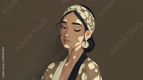 Portrait of a Beautiful Woman with Vitiligo Wearing a Patterned Headband and Robe