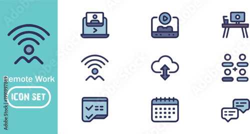 Remote Work Icon Set for Hybrid Office, Video Conference, Cloud Collaboration, and Digital Nomad Lifestyle for Web, UI, and Business Presentations