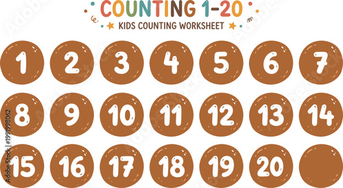 Kids counting worksheet cartoon vector with numbers 1 to 20, educational learning illustration set for preschool math practice and teaching design