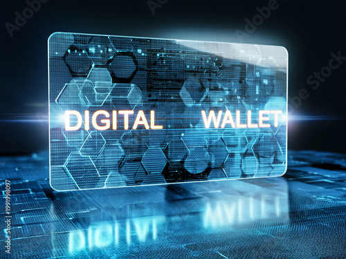 the words DIGITAL WALLET floating on a credit card in a hightech futuristic style credit card that has an illuminated perspex screen