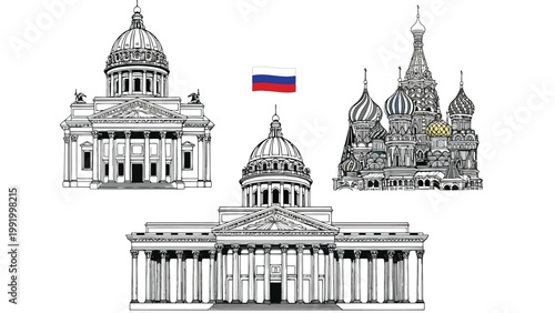 Iconic architectural landmarks of moscow with russian flag illustration
