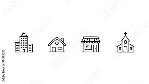 Outline icons featuring houses, shops, and city buildings.