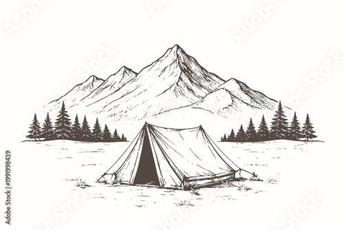 Vintage Linework Style Vector Illustration of a Classic Canvas Camping Tent Set Up in a Wilderness Landscape Near Pine Trees and Mountains