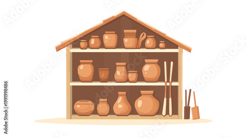 Illustration of a wooden shed filled with pottery, including jars, pitchers, and utensils