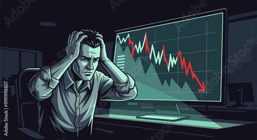 A distressed man watches a downward trending graph on a computer screen at night