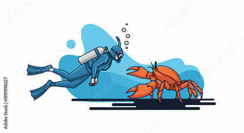 A diver encounters a large orange crab underwater, with bubbles rising