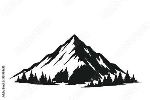 Sharp minimalist vector illustration of a snowy mountain peak silhouette for winter sports branding and outdoor exploration graphic design
