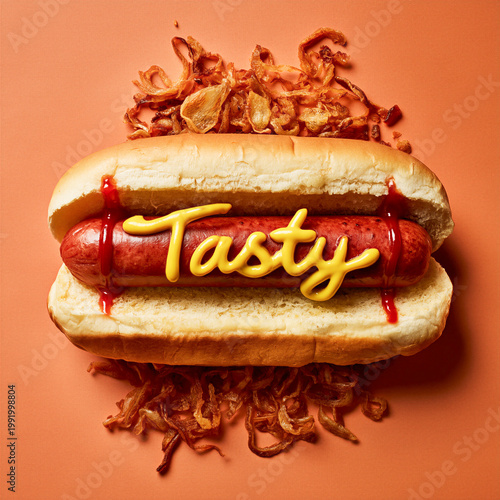 A freshly cooked hotdog in a bun with the word Tasty the text is written in thin mustard sauce from a nozzle in a script font, with fried onions