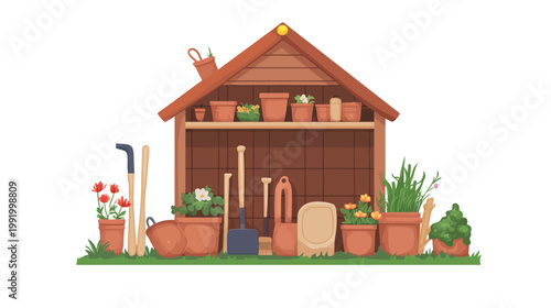 A charming, illustrated garden scene featuring a wooden shed with gardening tools and potted plants