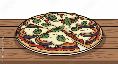 A delicious pizza topped with melted cheese, rich tomato sauce, and vibrant eggplant slices