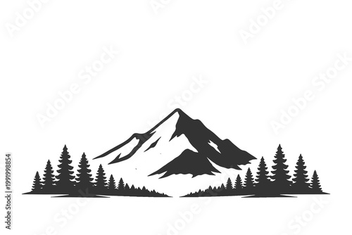 High contrast minimalist vector illustration of a sharp mountain peak and forest silhouette for outdoor adventure apparel and branding design