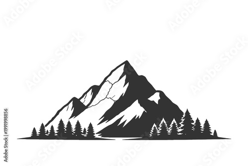 Minimalist vector icon illustration of a mountain summit with a forest line silhouette for modern outdoor labels and adventure gear design