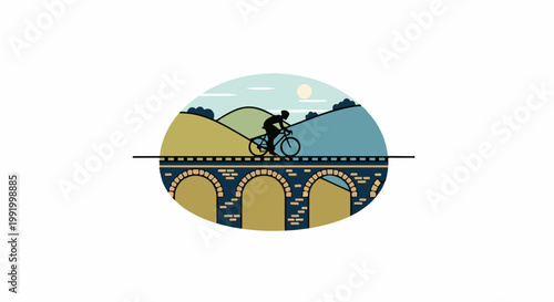 A cyclist rides across a brick bridge with rolling hills and a sunlit sky above
