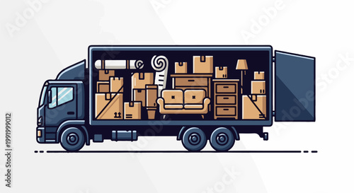 A dark blue moving truck loaded with boxes, furniture, and home goods
