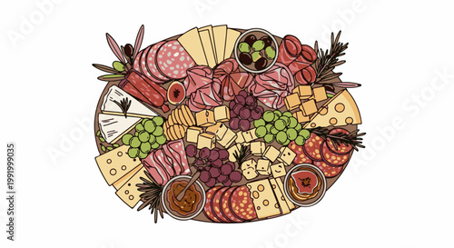 A delightful illustration of a charcuterie board overflowing with meats, cheeses, grapes, olives, and dips