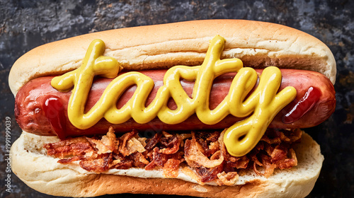 A freshly cooked hotdog in a bun with the word Tasty the text is written in thin mustard sauce from a nozzle in a script font, with fried onions