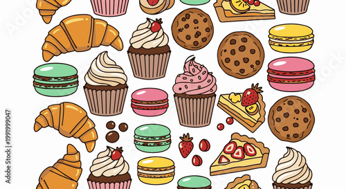 A delightful assortment of baked goods, including croissants, cupcakes, macarons, cookies, and fruit tarts, displayed against a white backdrop