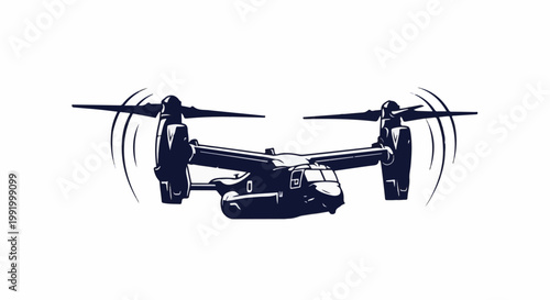 A dark blue silhouette of a tiltrotor aircraft in flight, with visible rotor blades