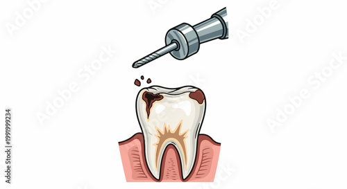 A dental drill works on a decayed tooth, removing brown cavities