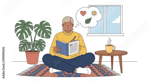 Person meditates during Mental Health Awareness Month with a book and plants