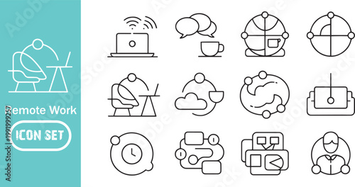 Remote Work and Digital Nomad Lifestyle Icon Set - Minimalist Line Art Vector Symbols for Home Office, Cloud Computing, Online Meetings, and Global Freelance Business Communication