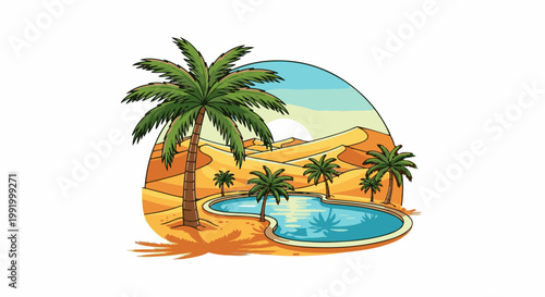 A desert oasis with palm trees and a pool under a bright sun