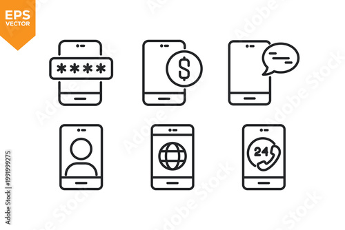 Set of line icons related to Phone, Technology, Telephone, E-Learning. Vector illustration.