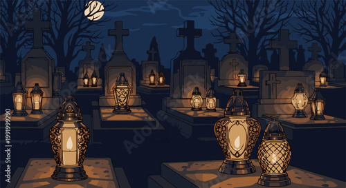 A dark, pixelated graveyard scene at night with many lit grave lanterns casting a warm glow under a full moon