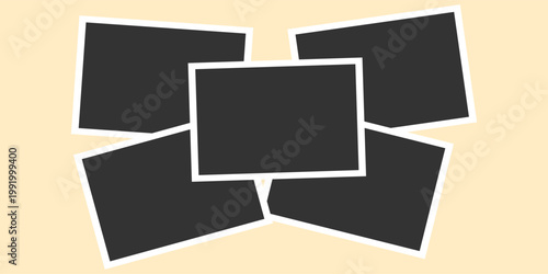 Blank retro snapshot layout. Nostalgic photo frame design. Scattered gallery photo mockup. Five horizontal photography card set for social media, album, home interior
